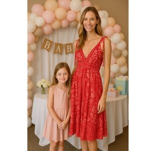 House of Harlow 1960 Linen‎ Blend Red Floral Print V Neck Tie Strap Dress Medium